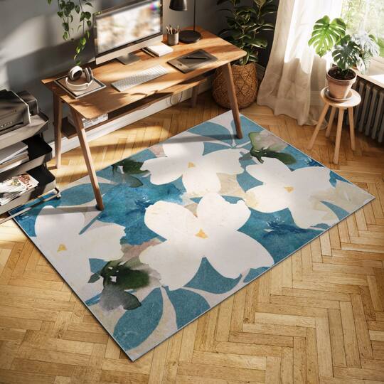 Empire Art Direct Peach 5ft.x 7.5ft. Teal Floral Washable Flowers Area Rug